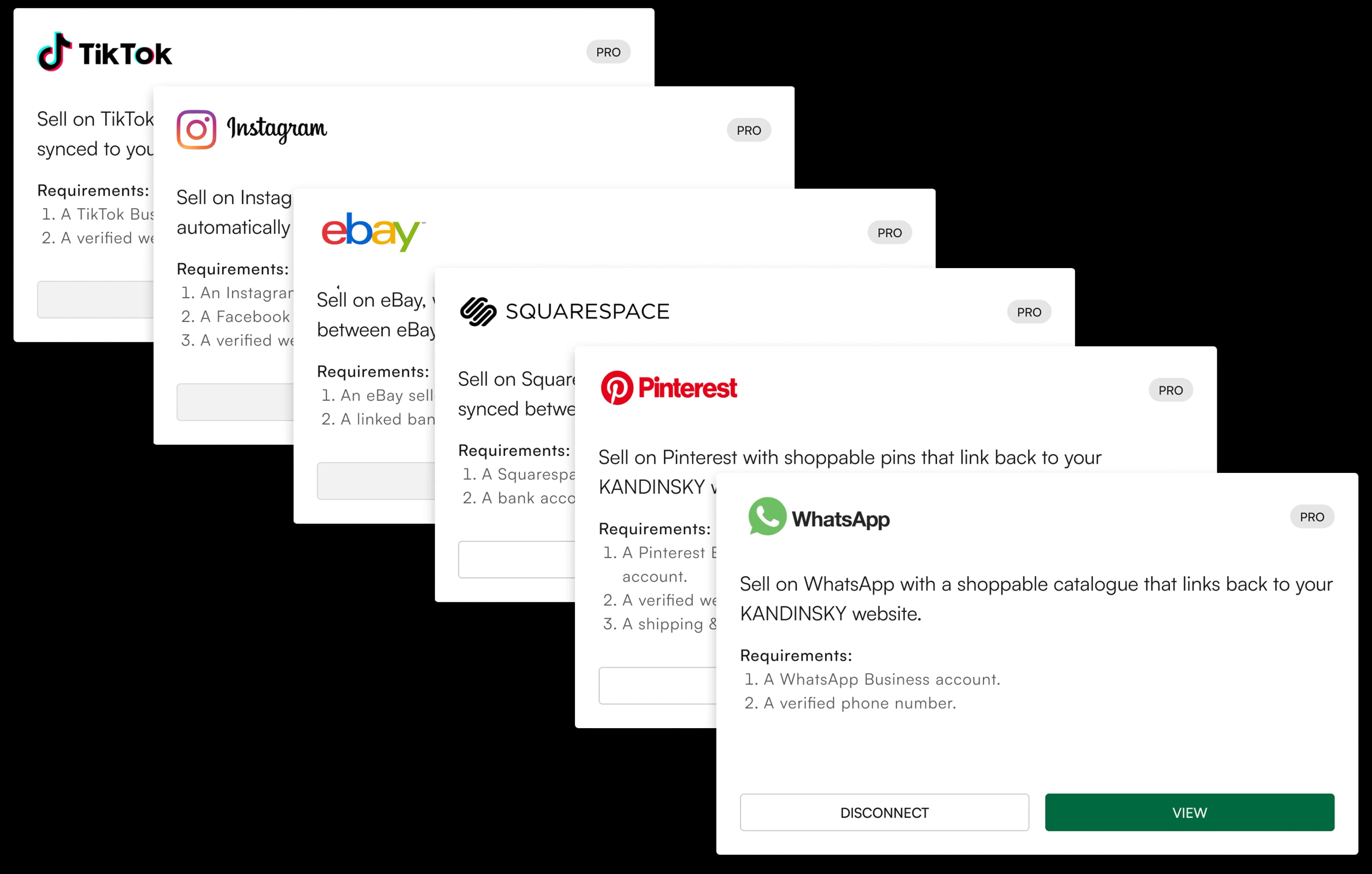 Integration cards for WhatsApp, Instagram, TikTok, Pinterest, eBay, and Squarespace