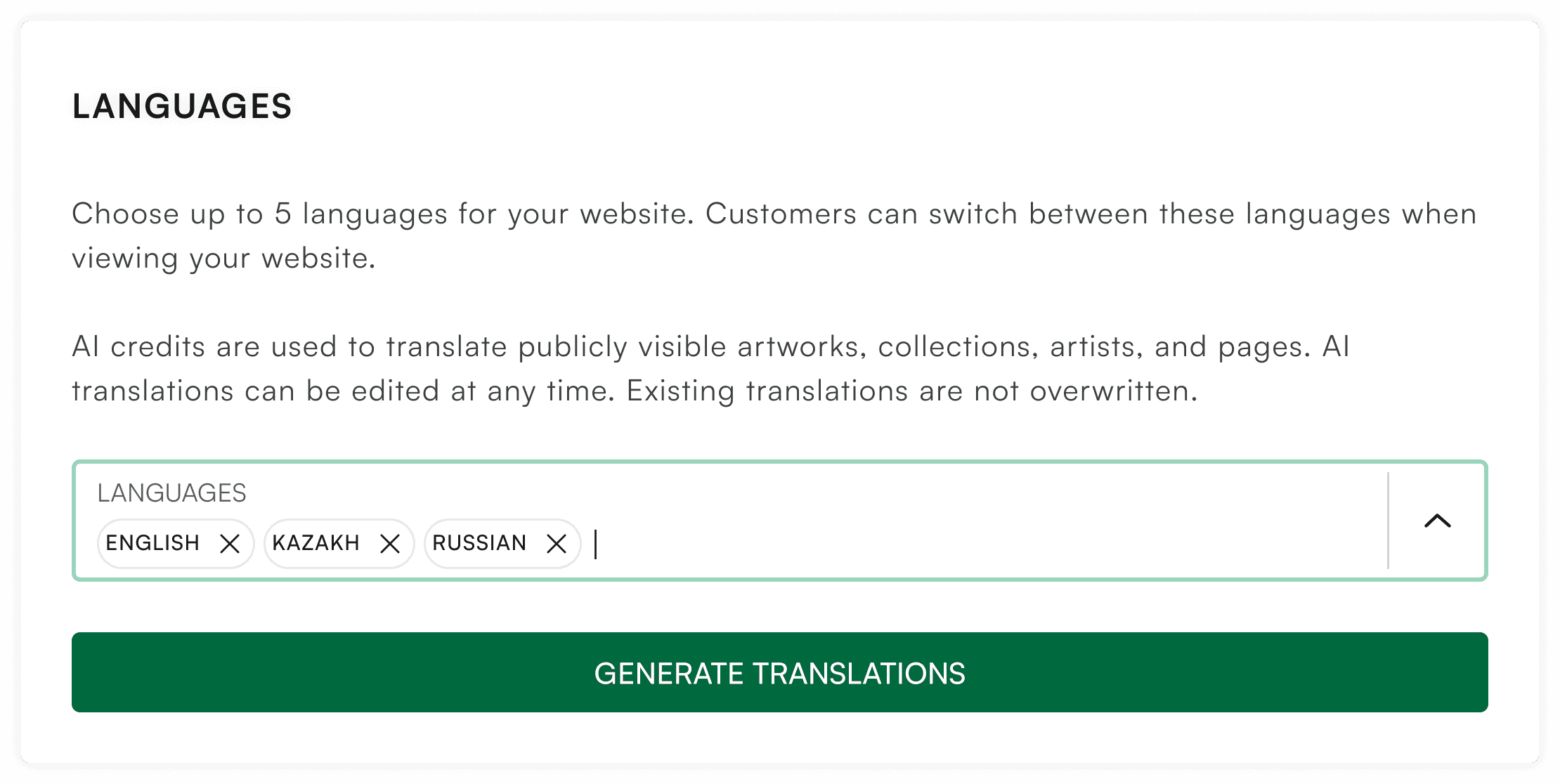 Website languages panel with English, Kazakh and Russian and a generate translations button