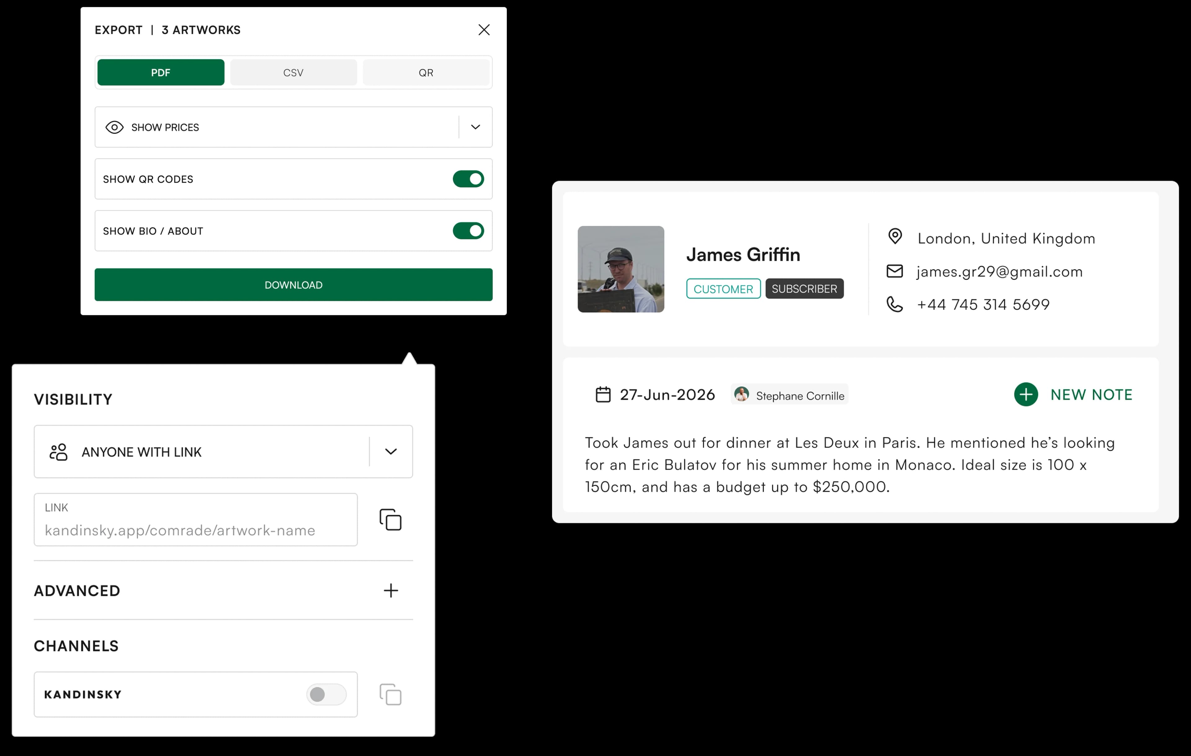 Contact profile with notes, export options, and visibility sharing settings