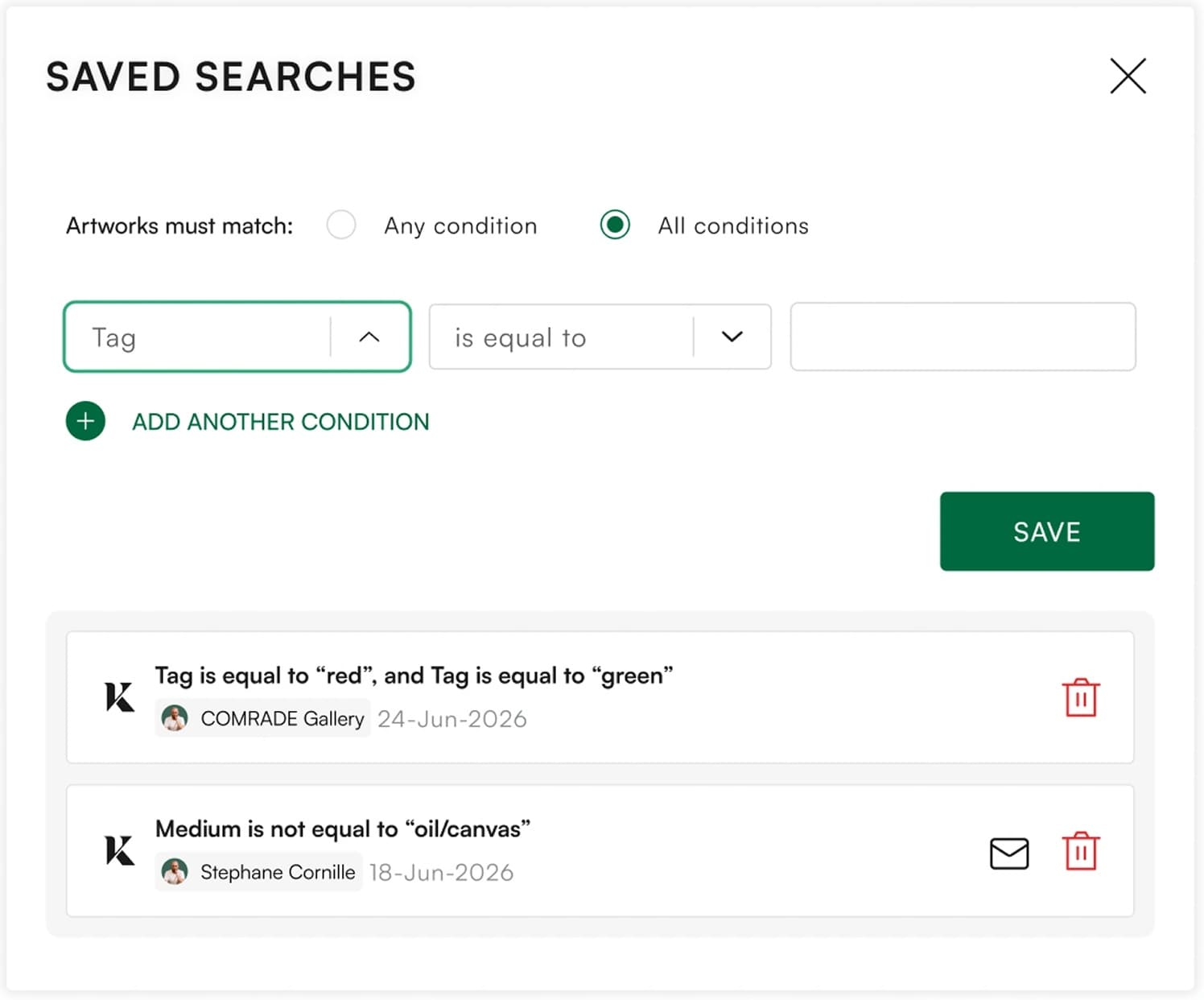 Buyer profile with viewed and saved pieces