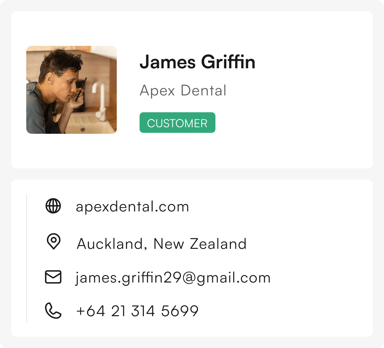 Contact card for James Griffin of Apex Dental with website, location, email and phone