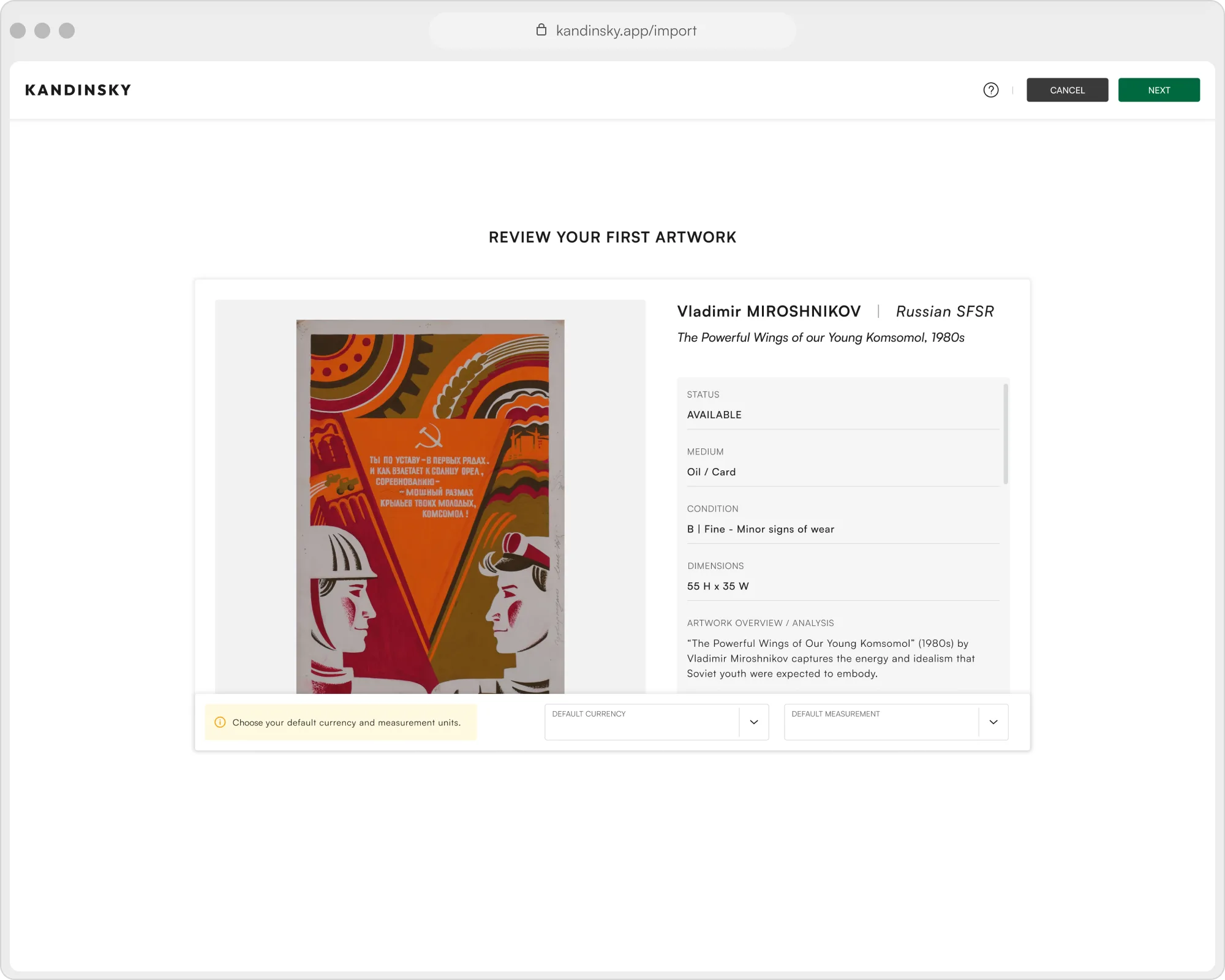 Kandinsky artwork import review screen