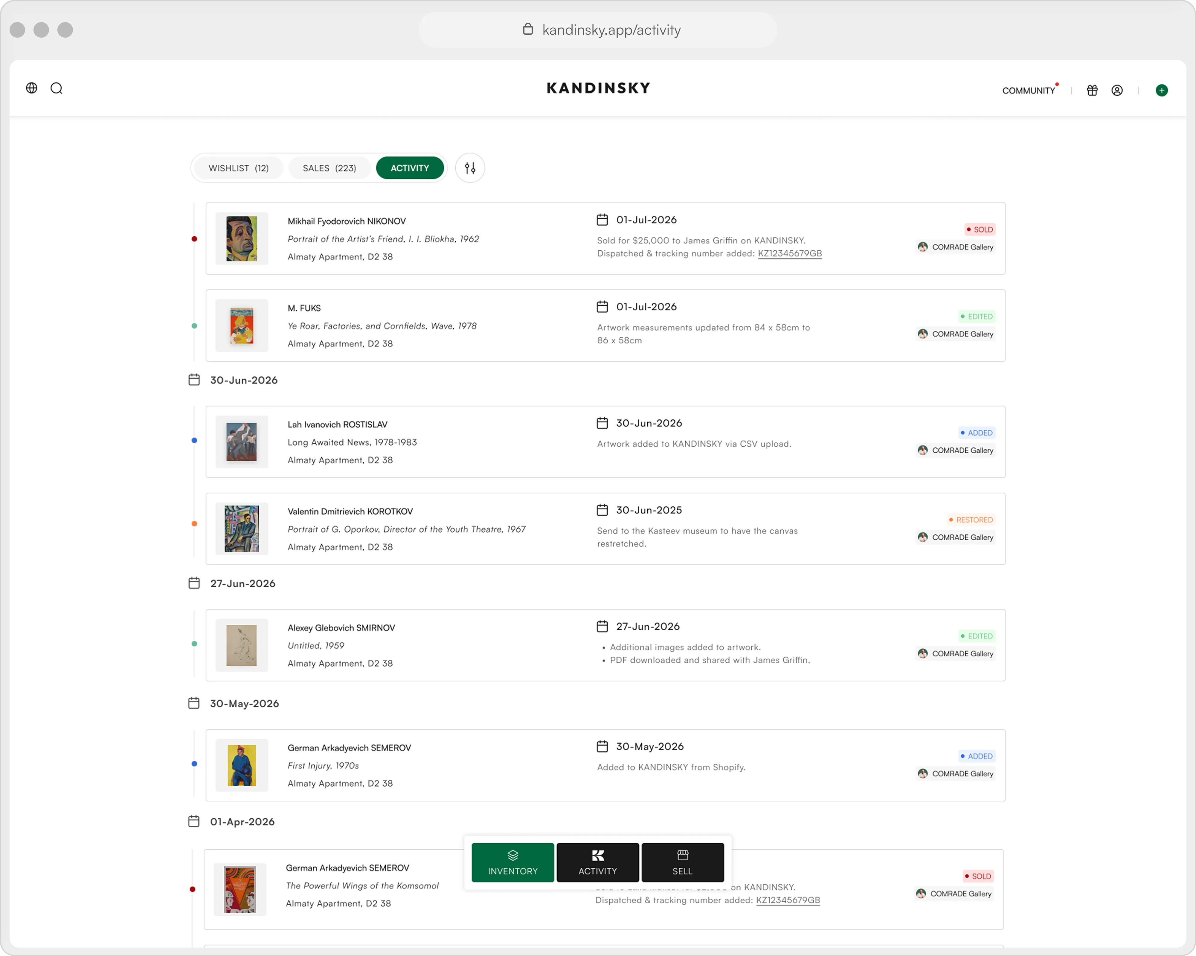 Activity audit trail of artwork edits and sales