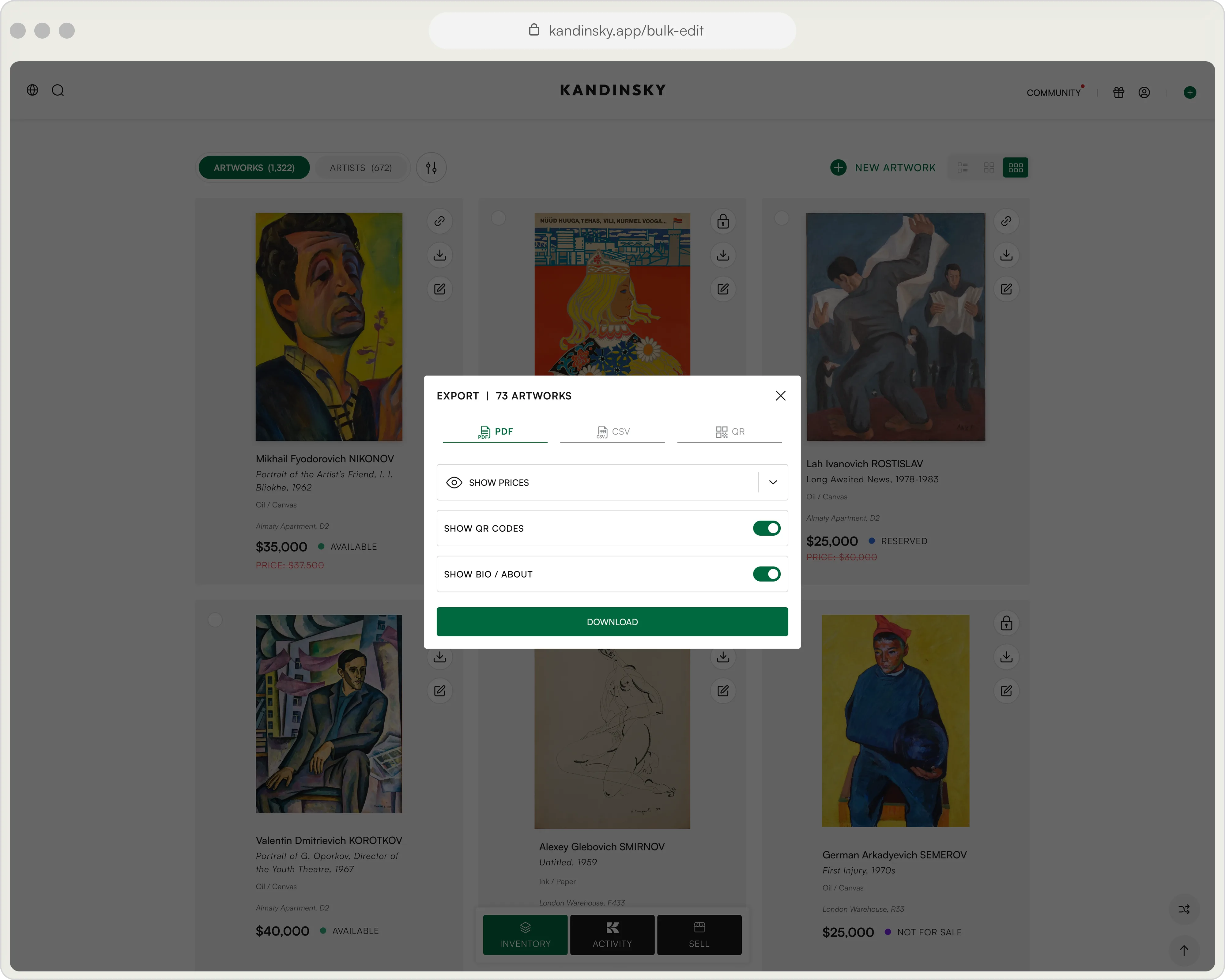 Bulk export and edit artwork interface