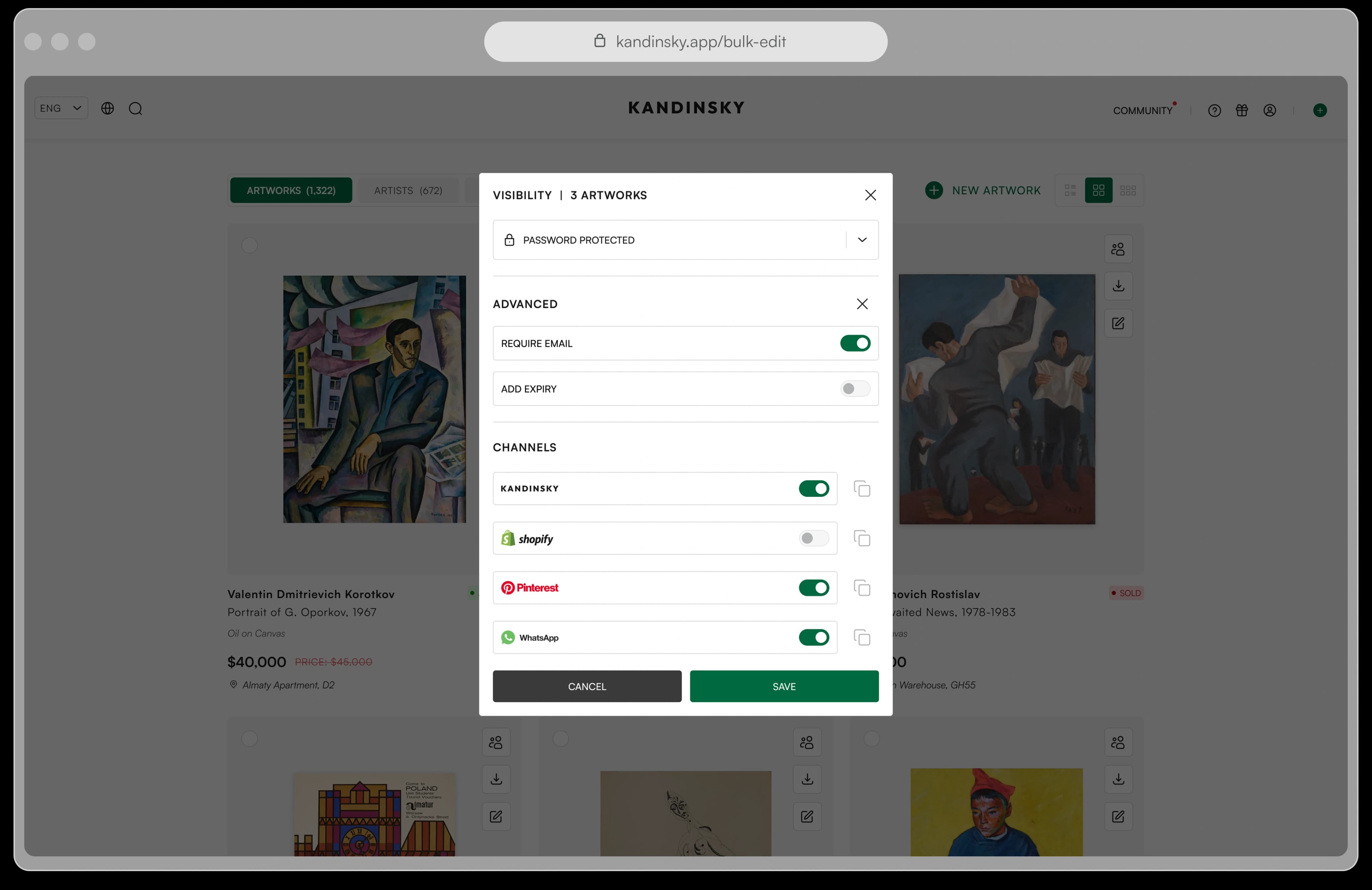 Bulk export and edit artwork interface