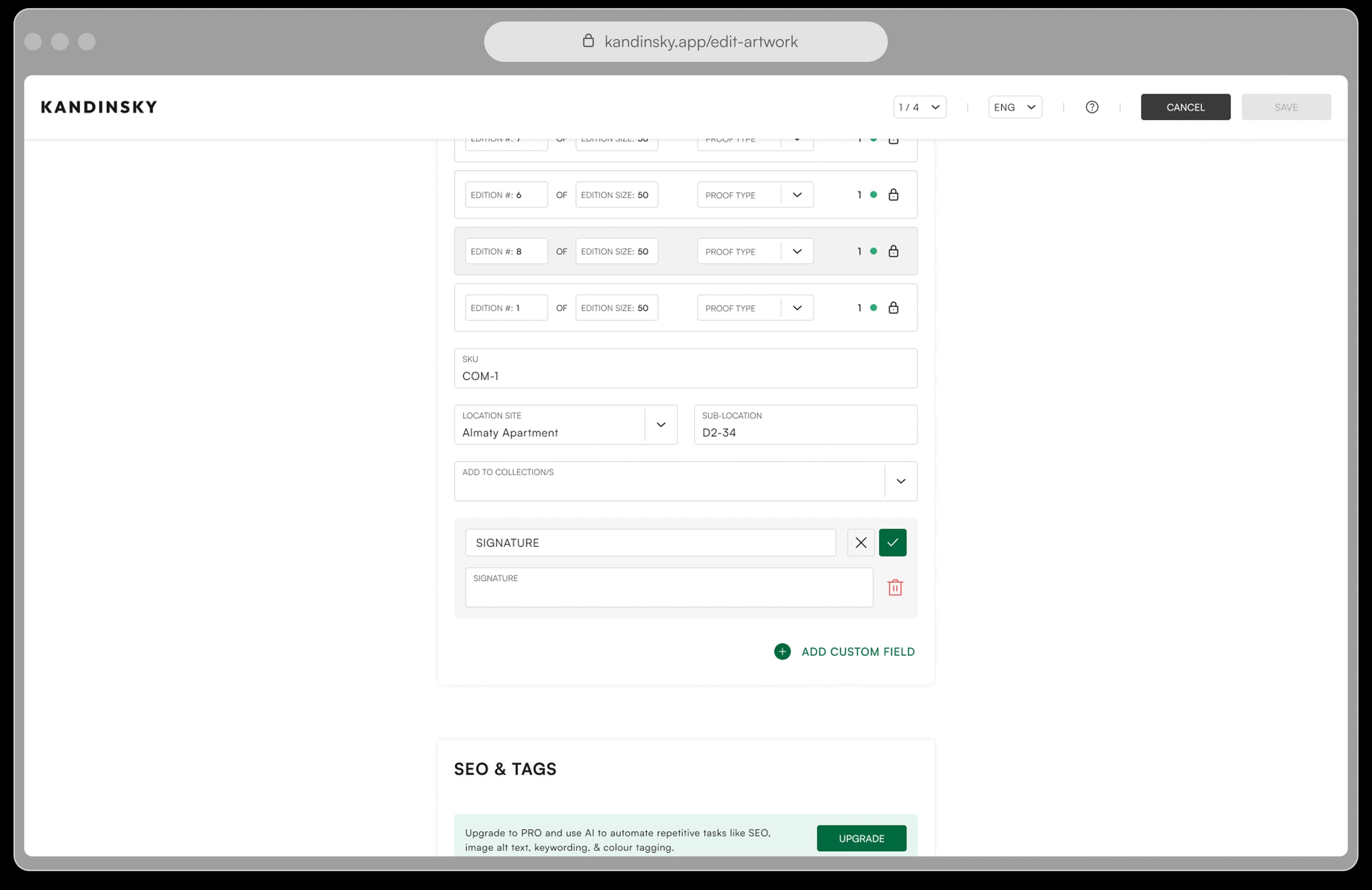 Artwork editor with custom fields