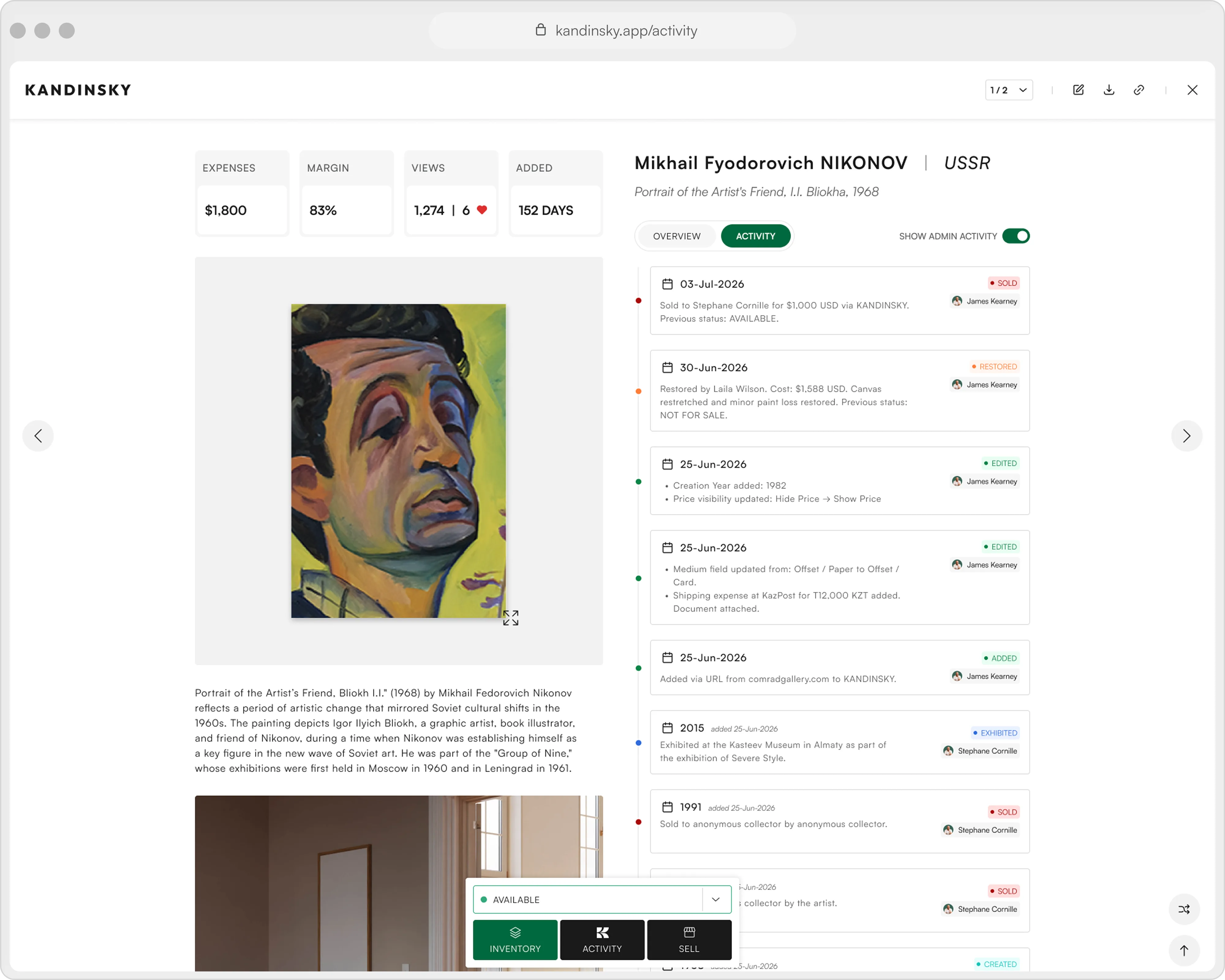 Per-artwork activity trail with user attribution