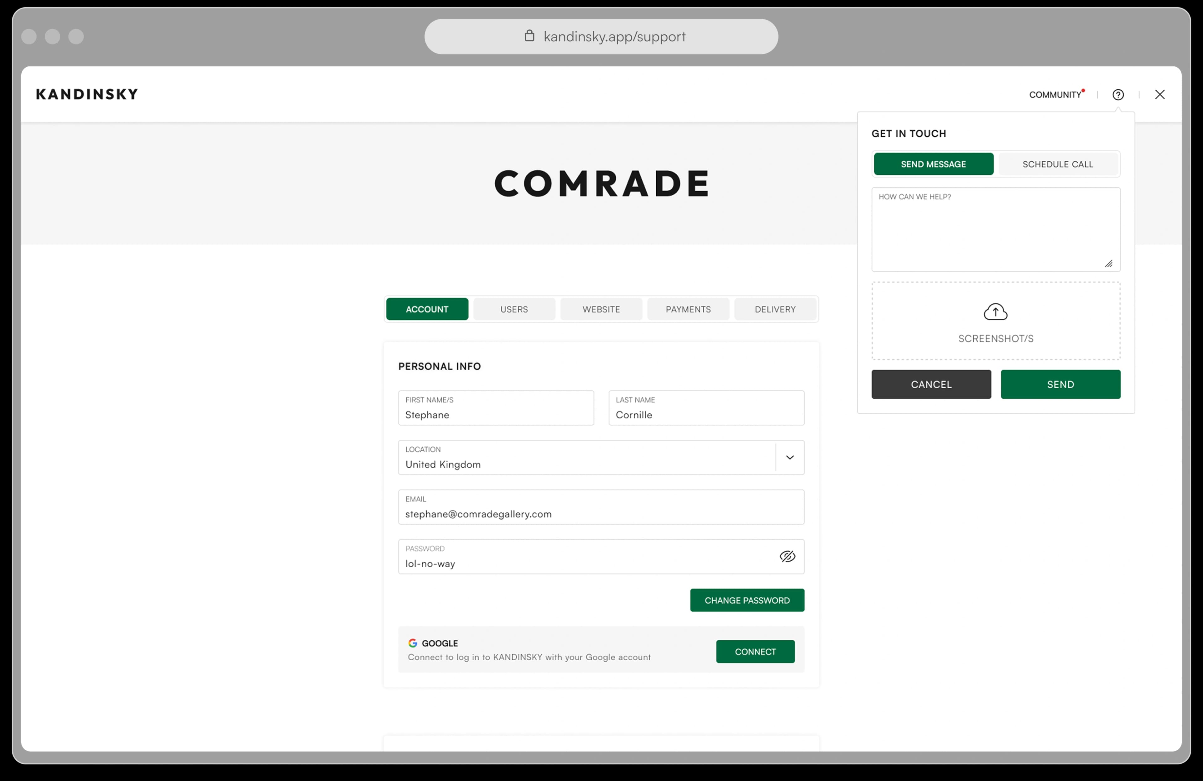 Account support and get in touch panel