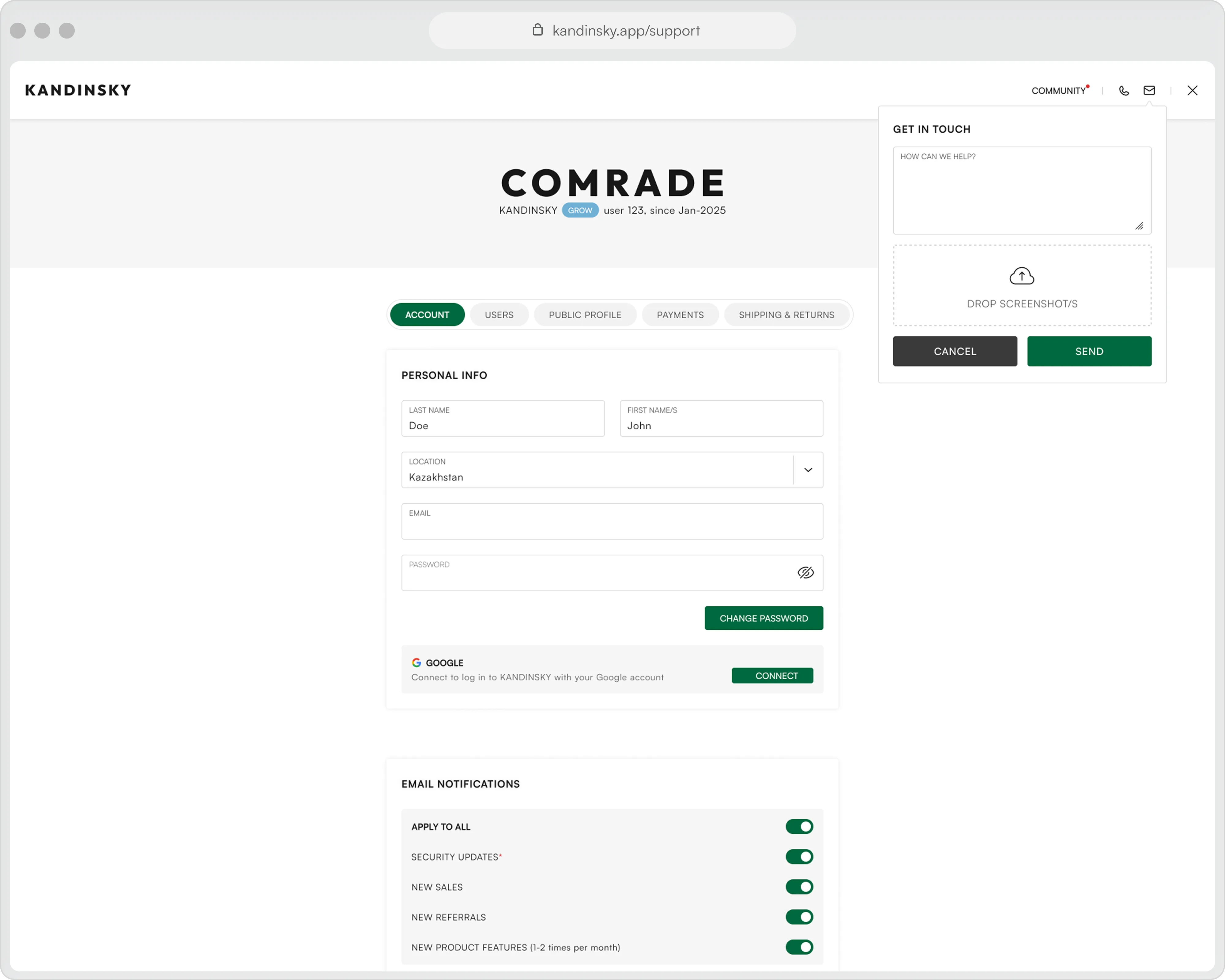 Account support and get in touch panel