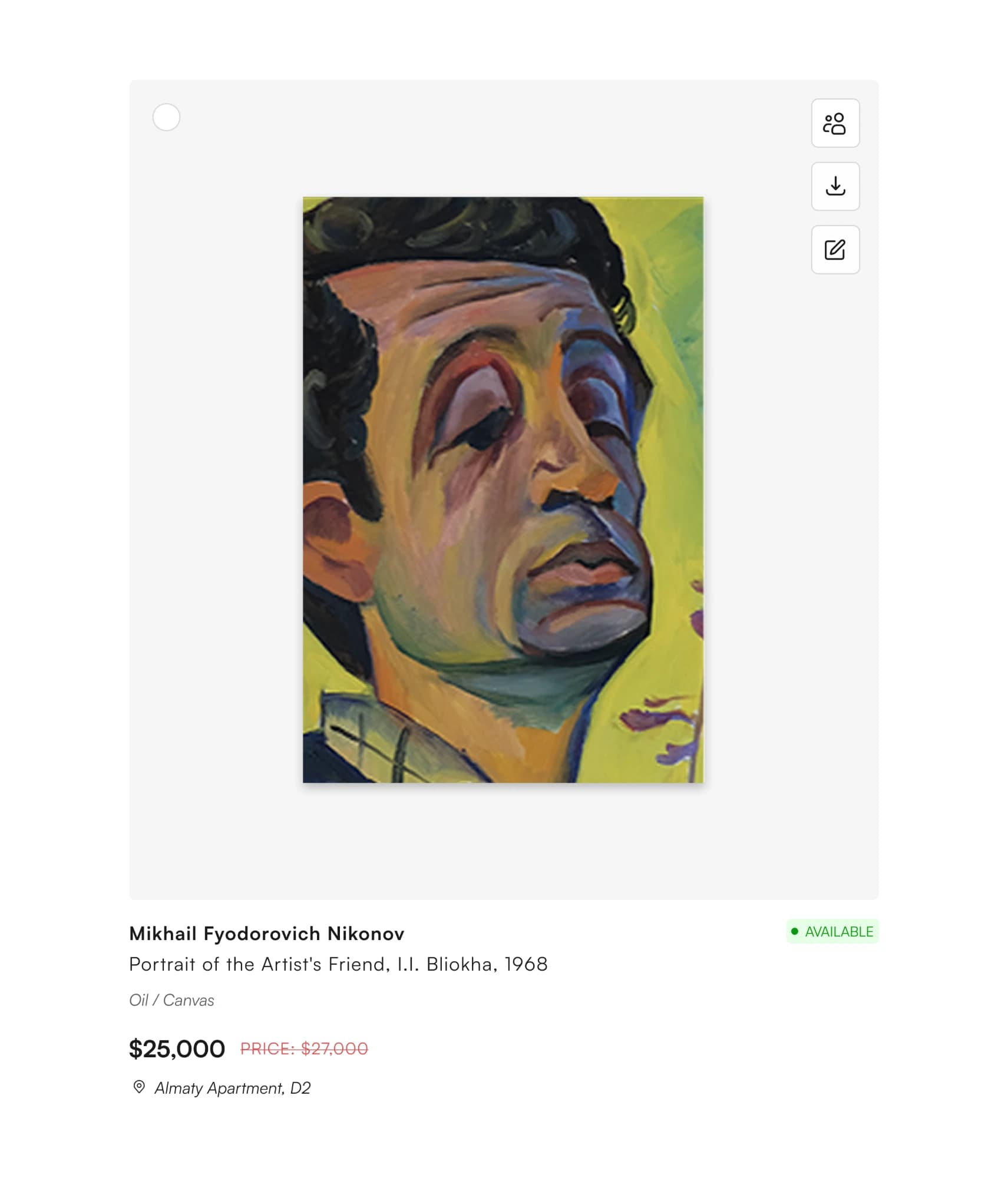 Artwork card for Mikhail Nikonov’s Portrait of the Artist’s Friend, with price, status, medium and storage location