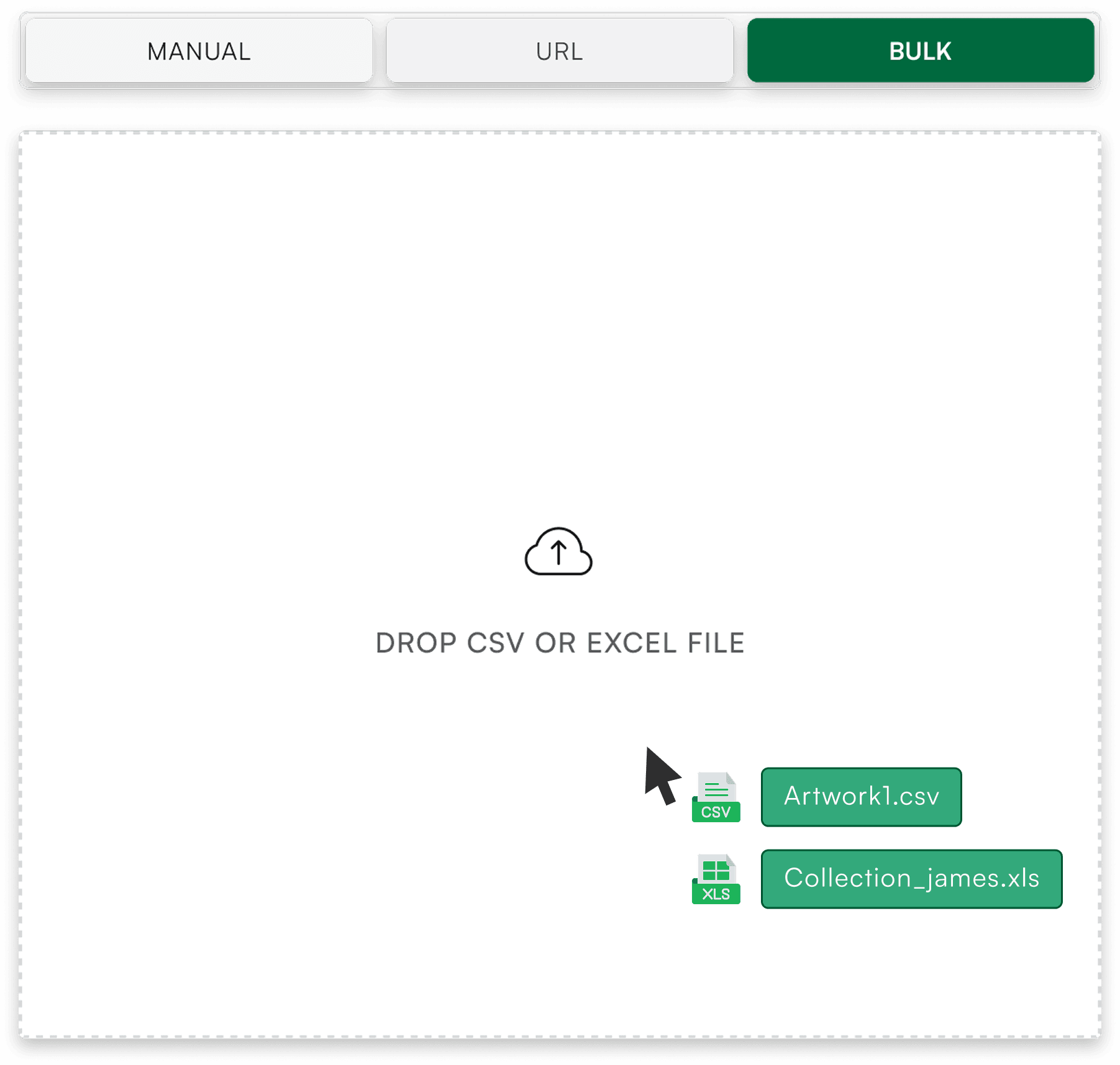 Bulk import panel for dropping a CSV or Excel file
