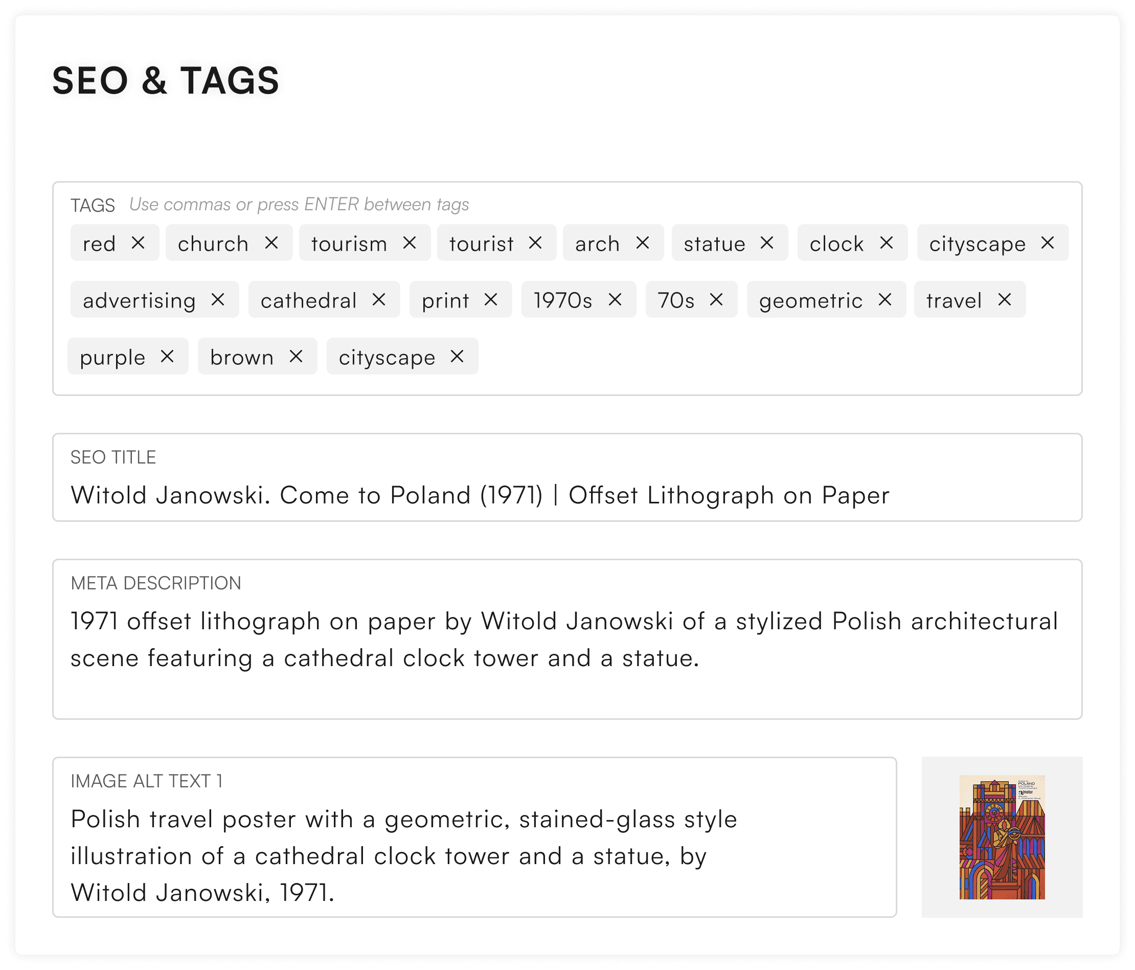 SEO and tags panel with AI-generated tags, SEO title, meta description and image alt text