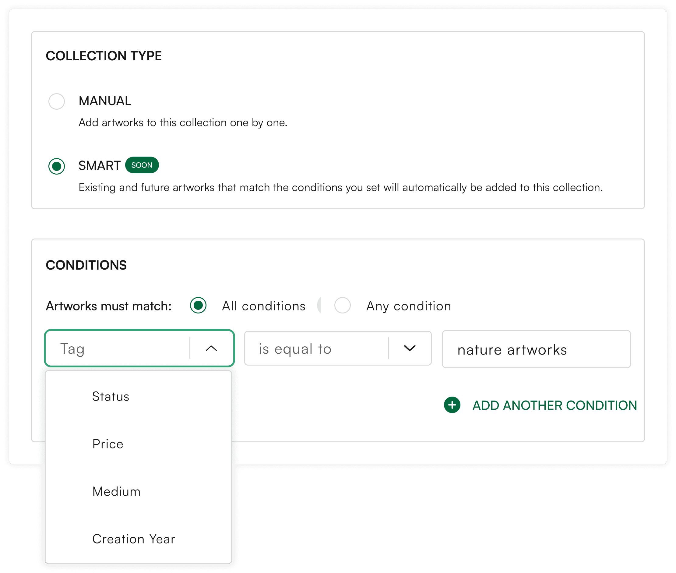 Smart collection conditions matching artworks by tag