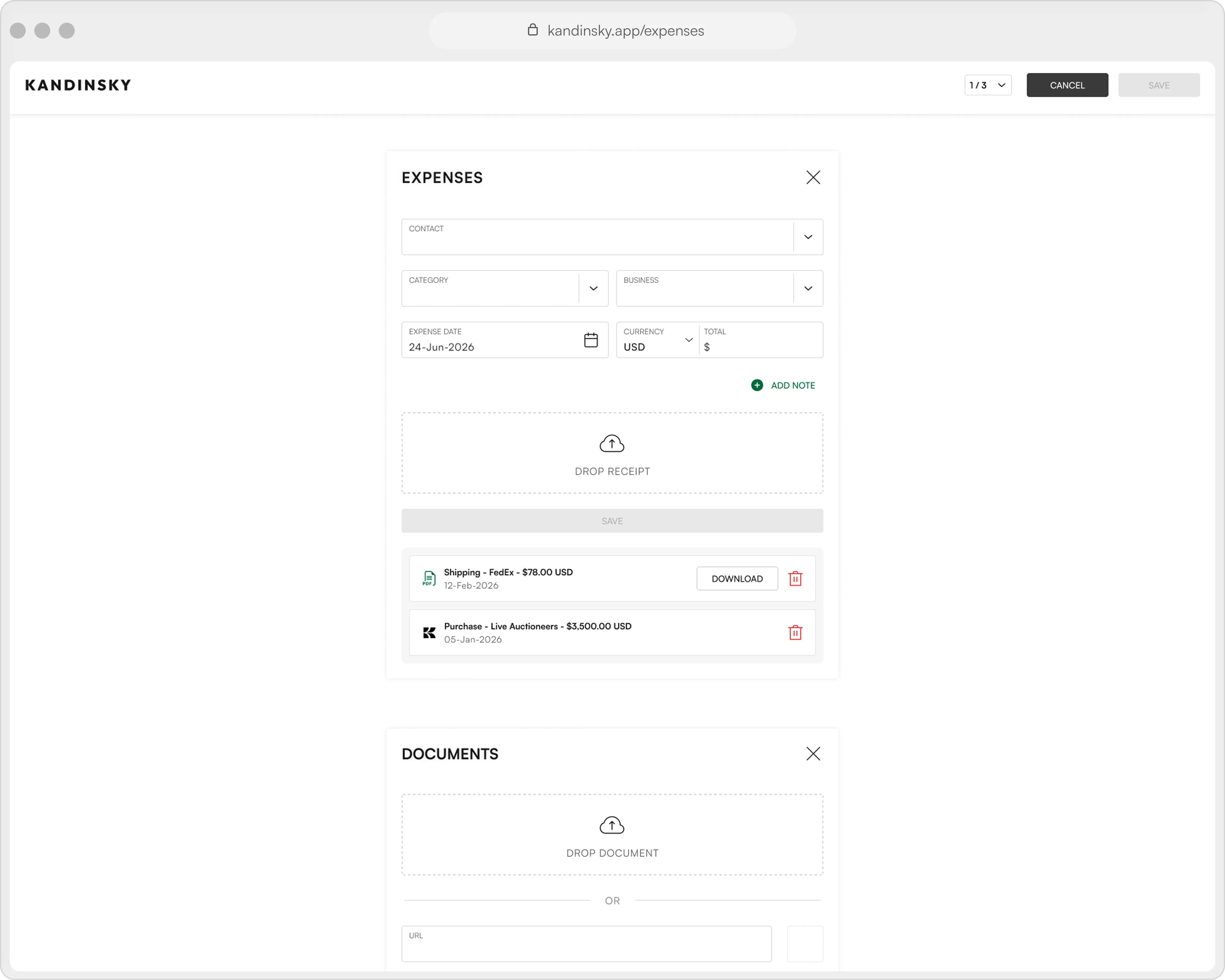 Kandinsky expenses and documents panels