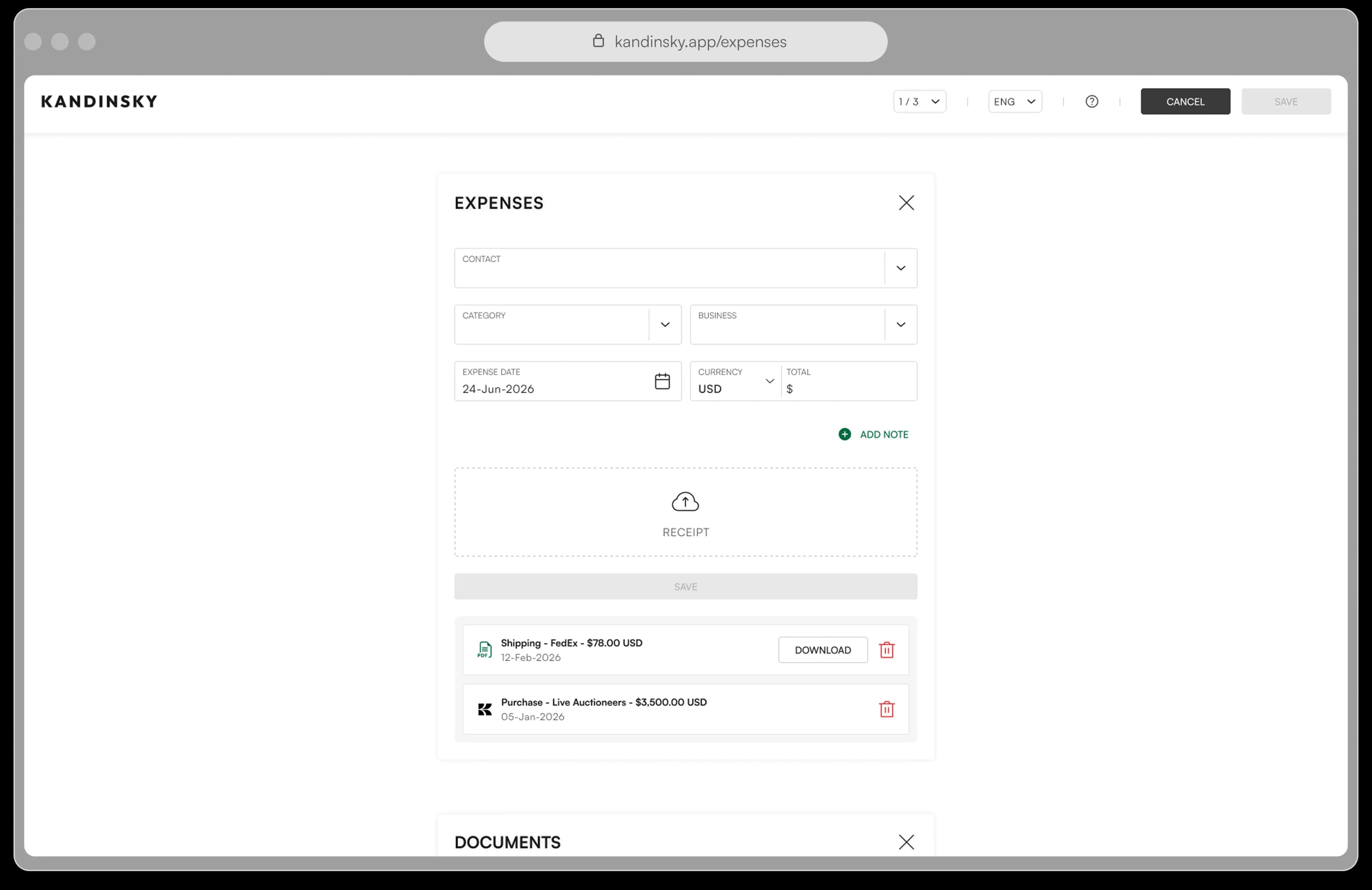 Kandinsky expenses and documents panels