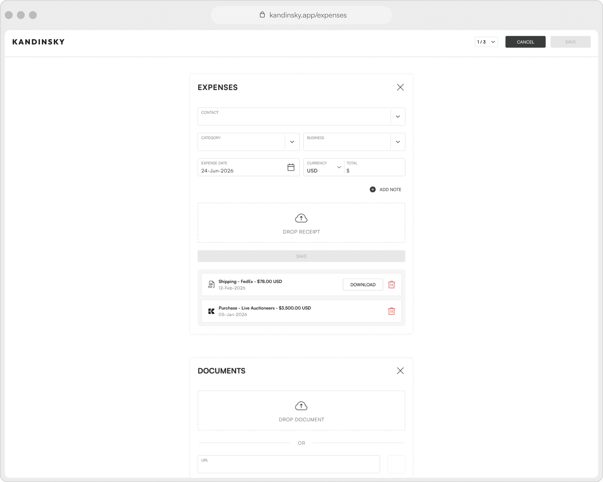 Kandinsky expenses and documents panels