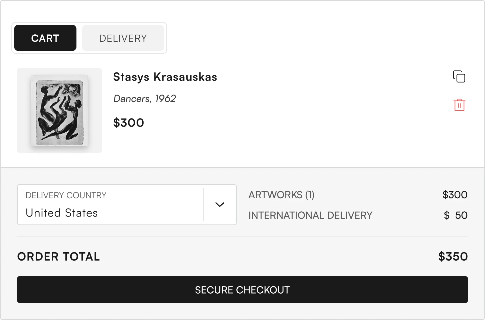 Website cart with Stasys Krasauskas’s Dancers, delivery country, order total and secure checkout