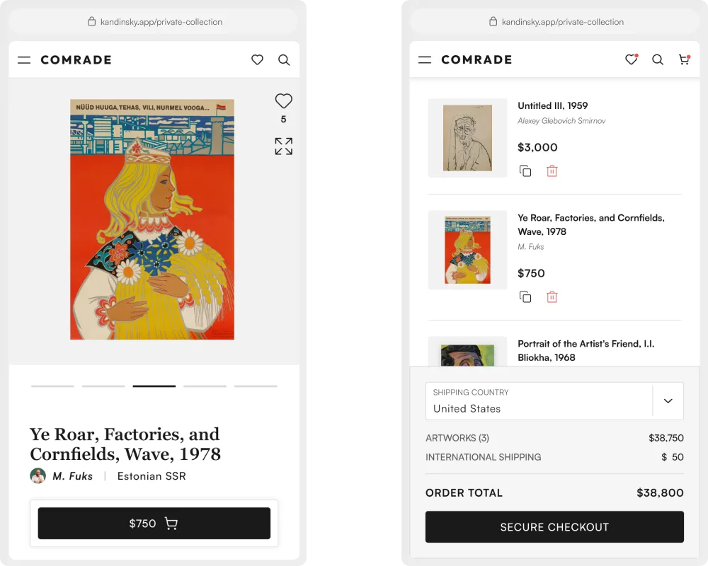 Artwork detail and secure checkout on mobile
